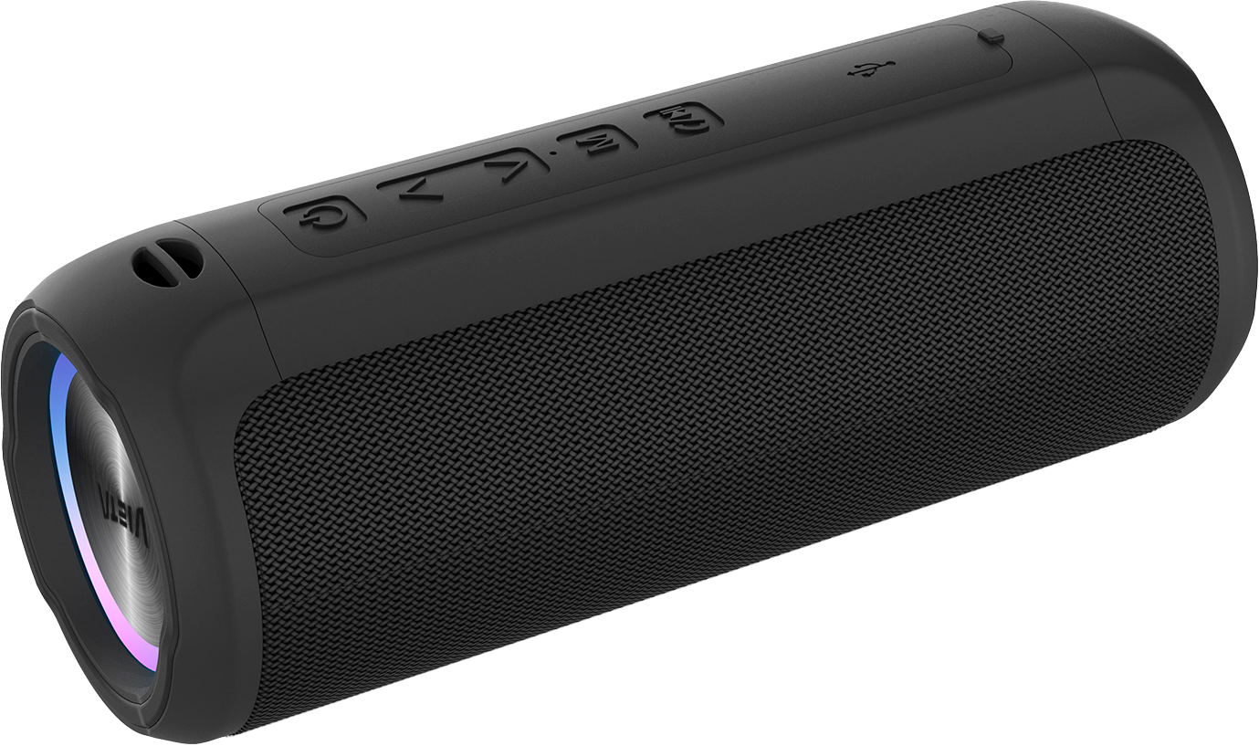 Un altavoz cilíndrico negro con detalles plateados, con un patrón de rejilla y botones de control en la parte superior.