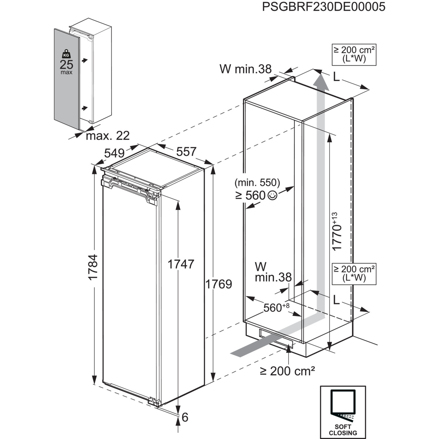 Diagramme d'un réfrigérateur montrant les dimensions et les spécifications techniques.
