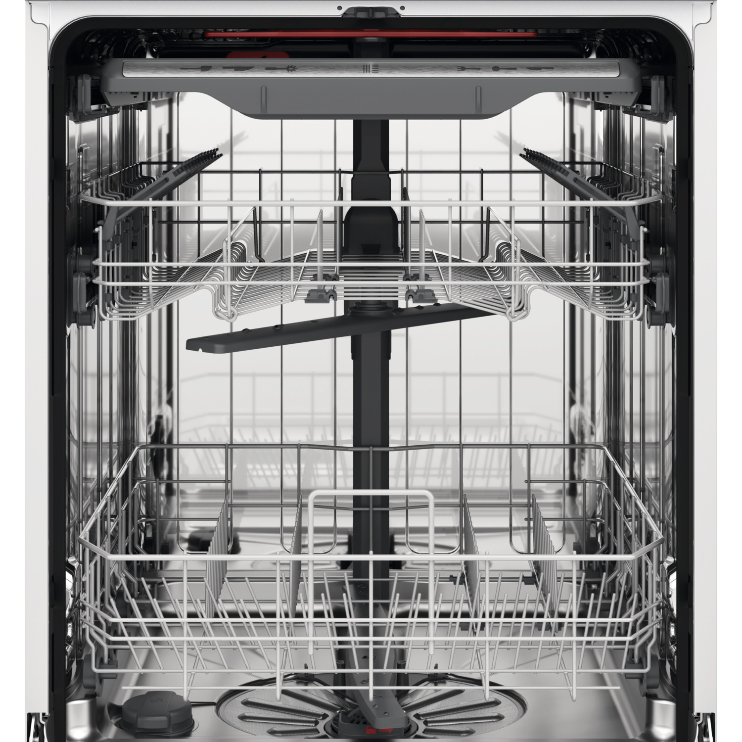 Dishwasher interior, showing racks, spray arms, and the inside of the appliance.