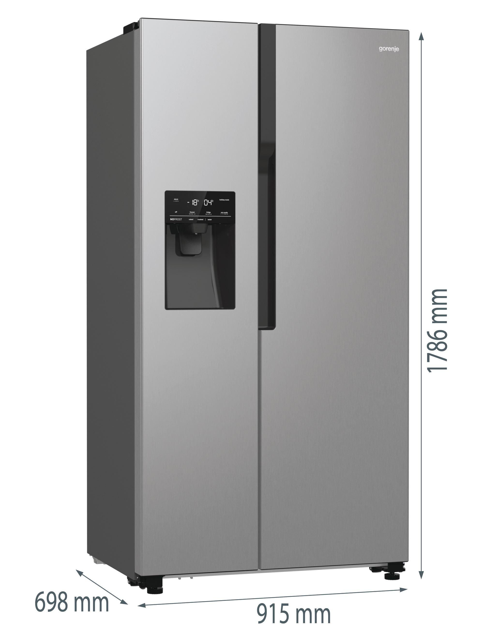 Silberner Kühlschrank mit Maßen, Wasserspender und Digitalanzeige.