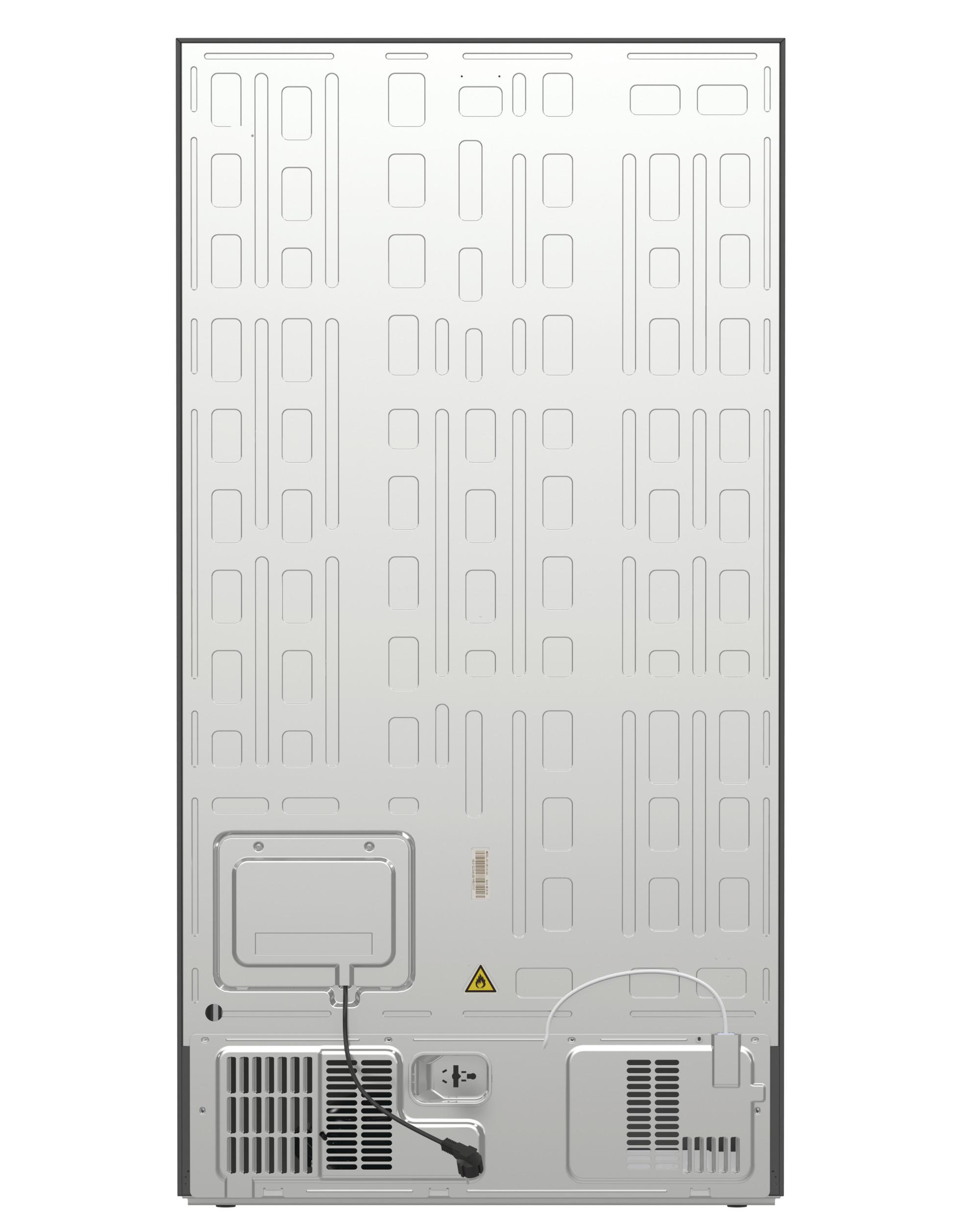 Rückansicht eines Kühlschranks. Grau-weißes Farbschema. Details auf der Rückwand mit Lüftungsschlitzen und Netzkabel.