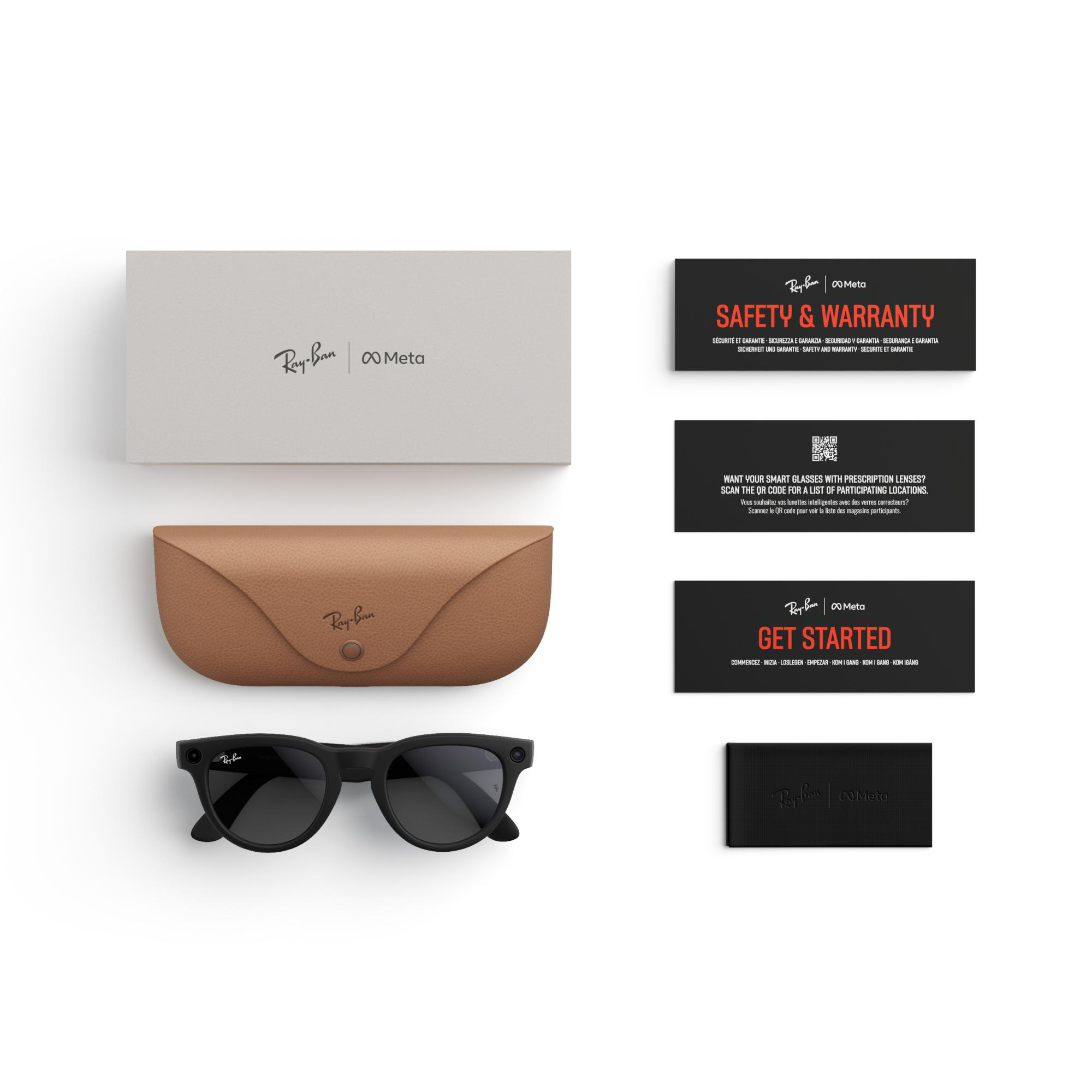 Ray-Ban Sonnenbrille und Zubehör auf weißem Hintergrund.