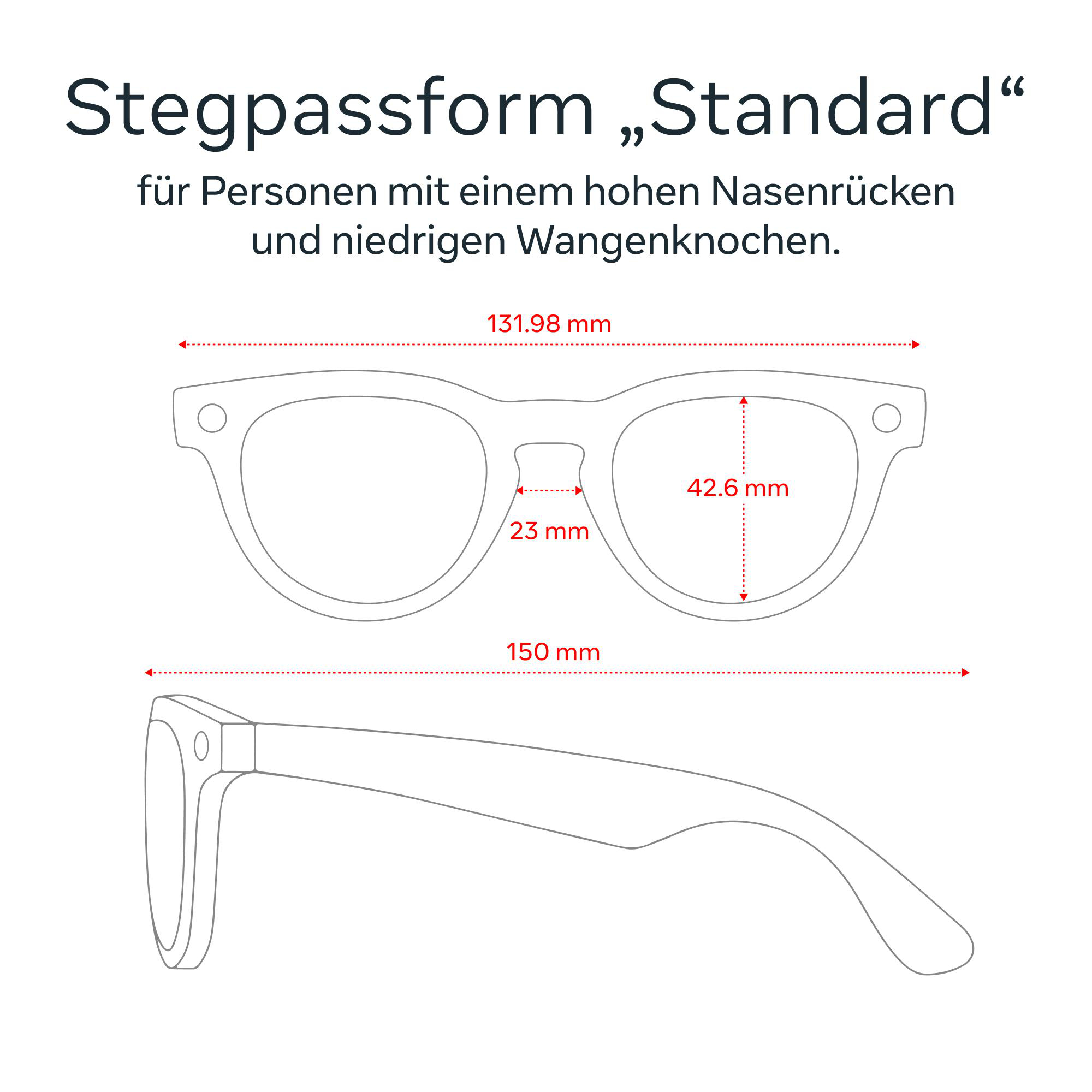 Diagramm einer Brille mit Abmessungen, das die Form und die Messungen des Rahmens zeigt.