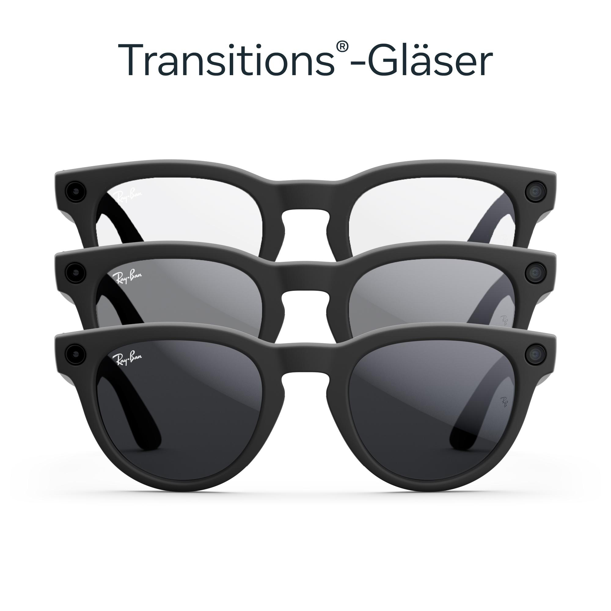 Drei Ray-Ban Smart-Brillen; klare, getönte und dunkle Gläser, alle in schwarzen Rahmen.
