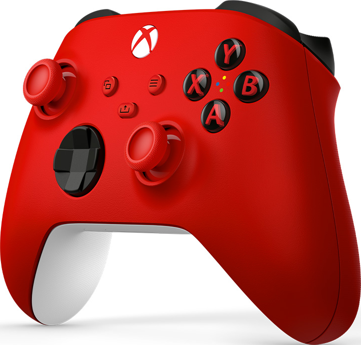Roter Xbox-Controller. Die Tasten umfassen X, Y, A, B, ein D-Pad und zwei Joysticks.