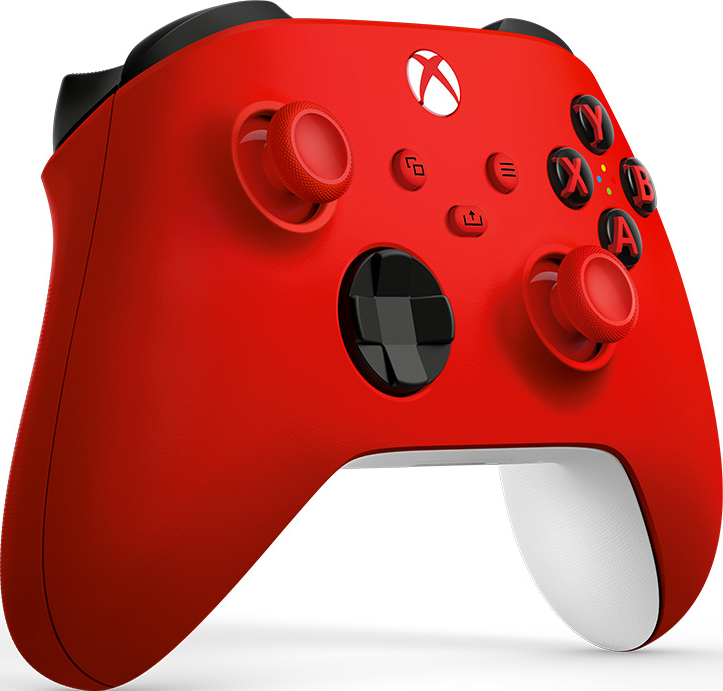 Roter Xbox-Controller mit schwarzen Knöpfen. Der Controller befindet sich auf weißem Hintergrund.