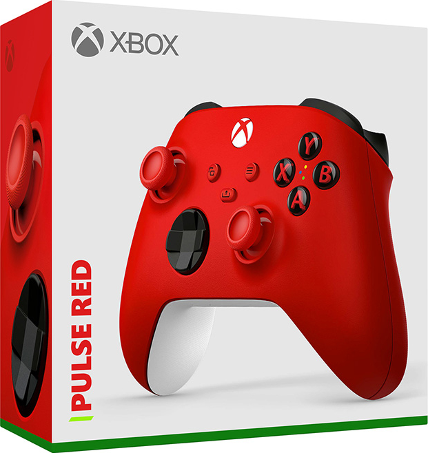 Roter Xbox-Controller in einer Box. Text: 'PULSE RED'. Die Box ist weiß und rot.