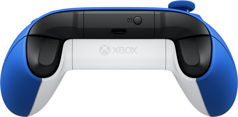 Ein blau-schwarzer Xbox-Controller, von hinten betrachtet. Das Xbox-Logo ist mittig auf dem weißen Feld.