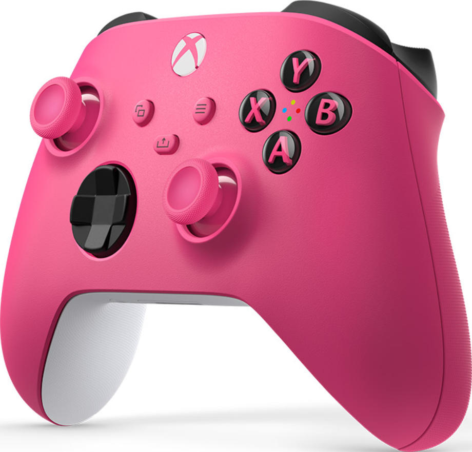 Pinker Xbox-Controller mit Knöpfen und einem weißen Boden.