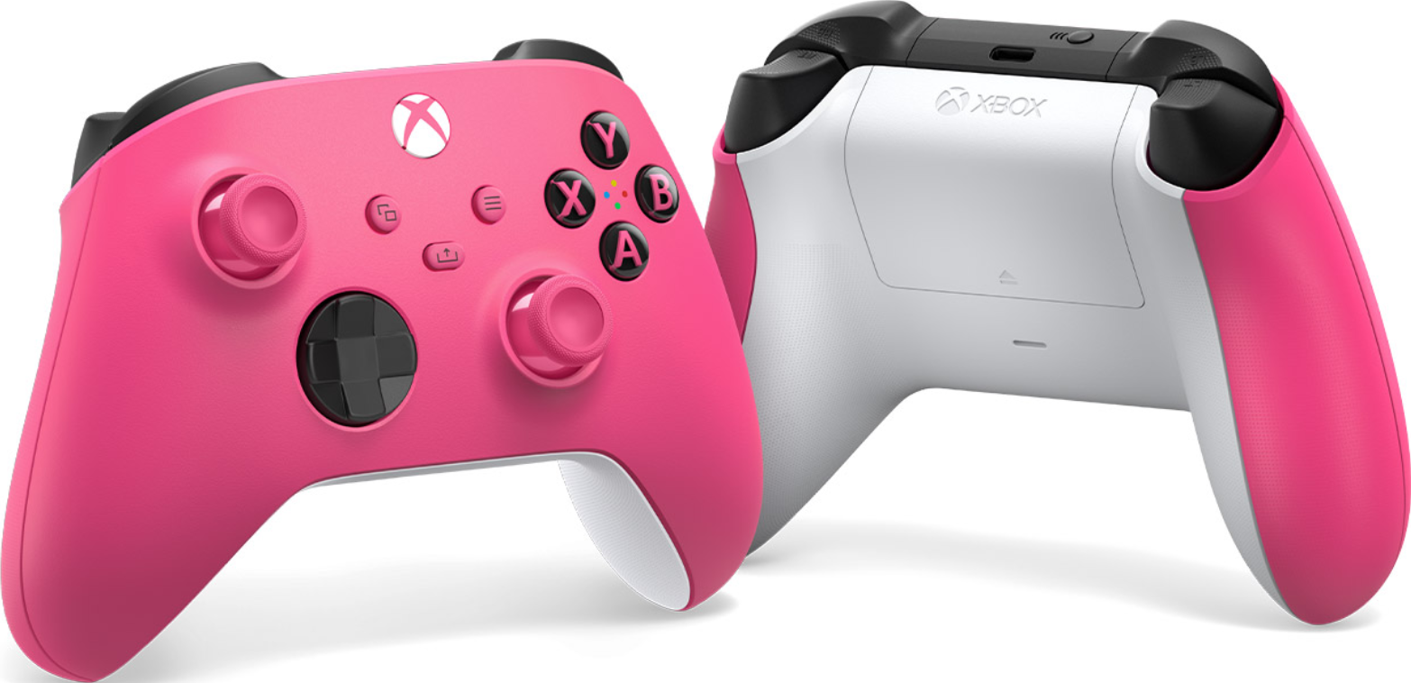 Zwei rosa Xbox-Controller, die Vorder- und Rückseite zeigen, mit weißen und schwarzen Akzenten.