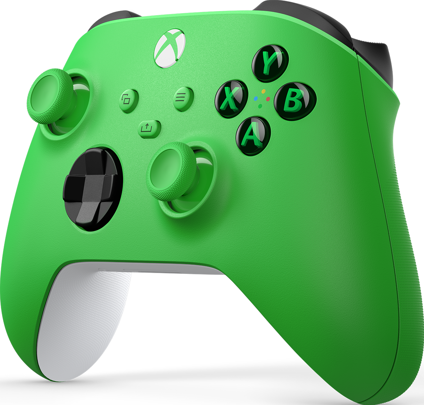 Ein grüner Xbox-Controller mit beschrifteten Tasten, von oben auf schwarzem Hintergrund gesehen.