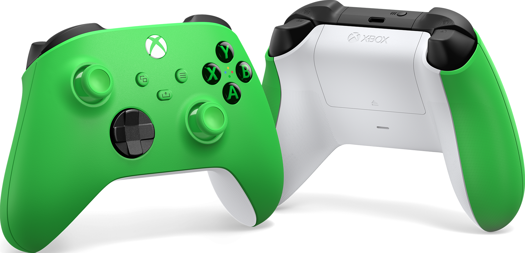 Grüner und weißer Xbox-Controller, zeigt Vorder- und Rückseite.