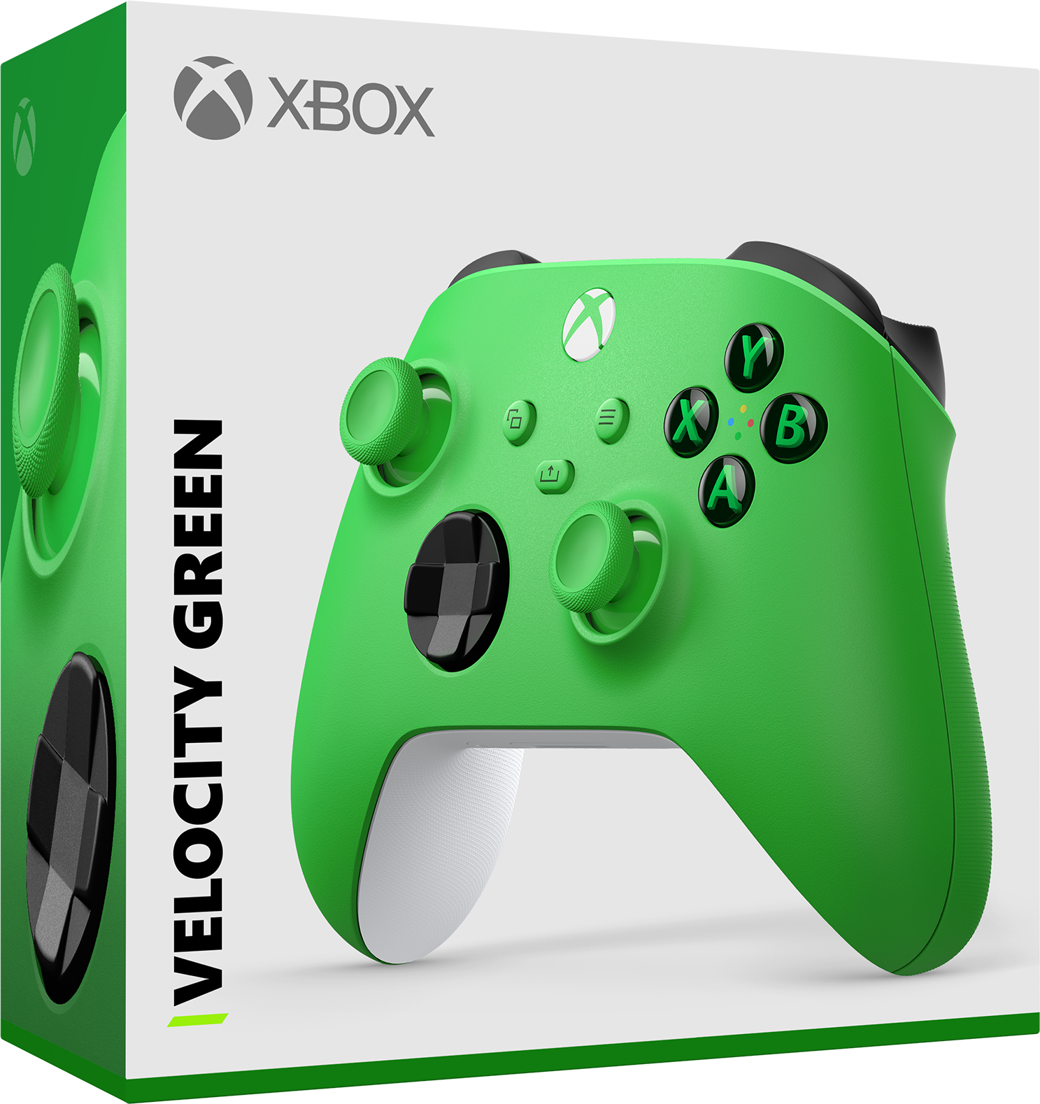 Grüner Xbox-Controller in Verpackung mit Xbox-Logo. Der Controller hat Knöpfe und Sticks.