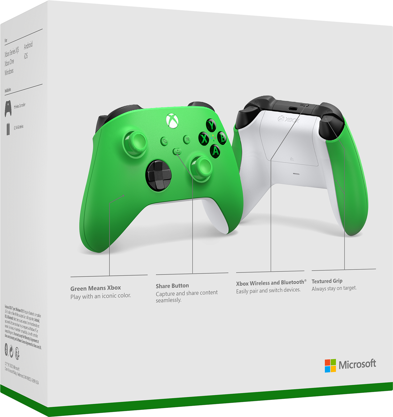 Grüner Xbox-Controller mit weißer Rückseite, mit beschrifteten Funktionen.