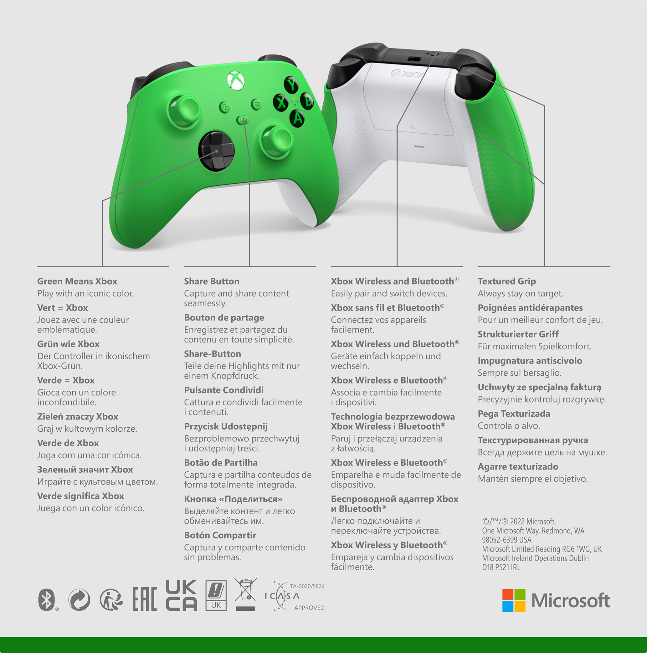 Grüner Xbox-Controller mit Text und Symbolen, die Funktionen und Tasten beschreiben.