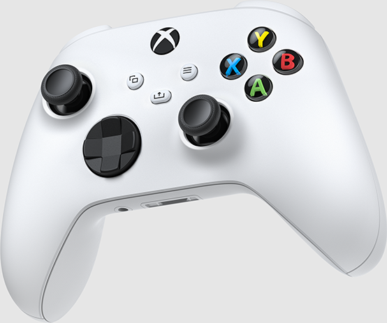 Ein weißer Xbox-Controller mit farbigen Tasten und schwarzen Joysticks.