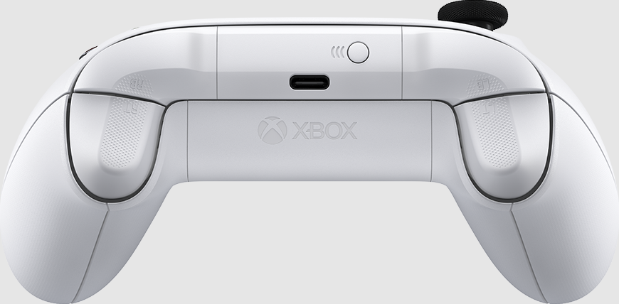 Weißer Xbox-Controller, der die Rückseite mit Griffen, Knöpfen und Xbox-Logo zeigt.