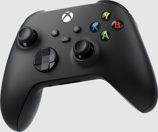 Controller Xbox nero. Vista dall'alto di pulsanti e joystick. Sfondo grigio.