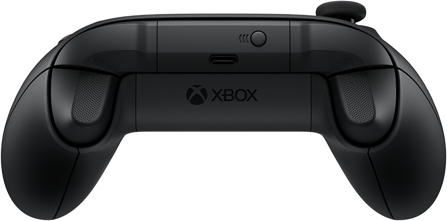 Il retro di un controller Xbox nero. Il logo Xbox è centrato, con una porta USB e un pulsante.
