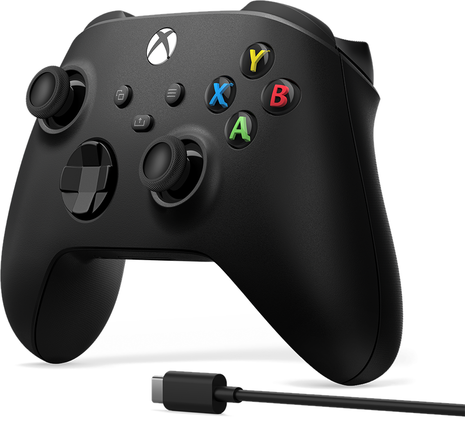 Schwarzer Xbox-Controller mit Tasten und Kabel.