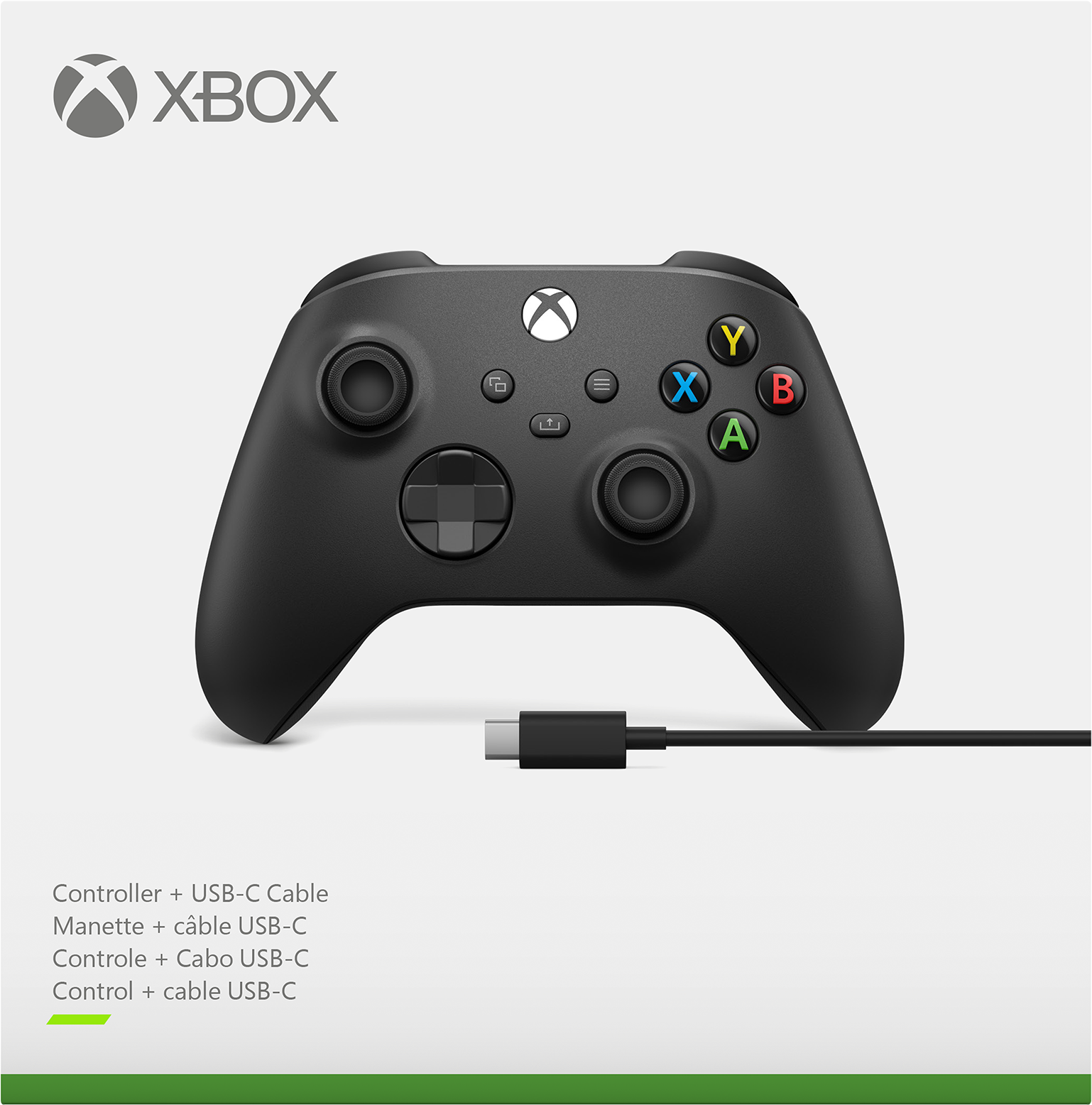 Schwarzer Xbox-Controller mit farbigen Knöpfen und USB-C-Kabel vor weißem Hintergrund.