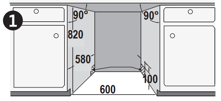 Diagramm eines Schrankaufbaus mit Abmessungen. Enthält zwei weiße Schränke an den Seiten und einen grauen Mittelbereich, mit Maßangaben.