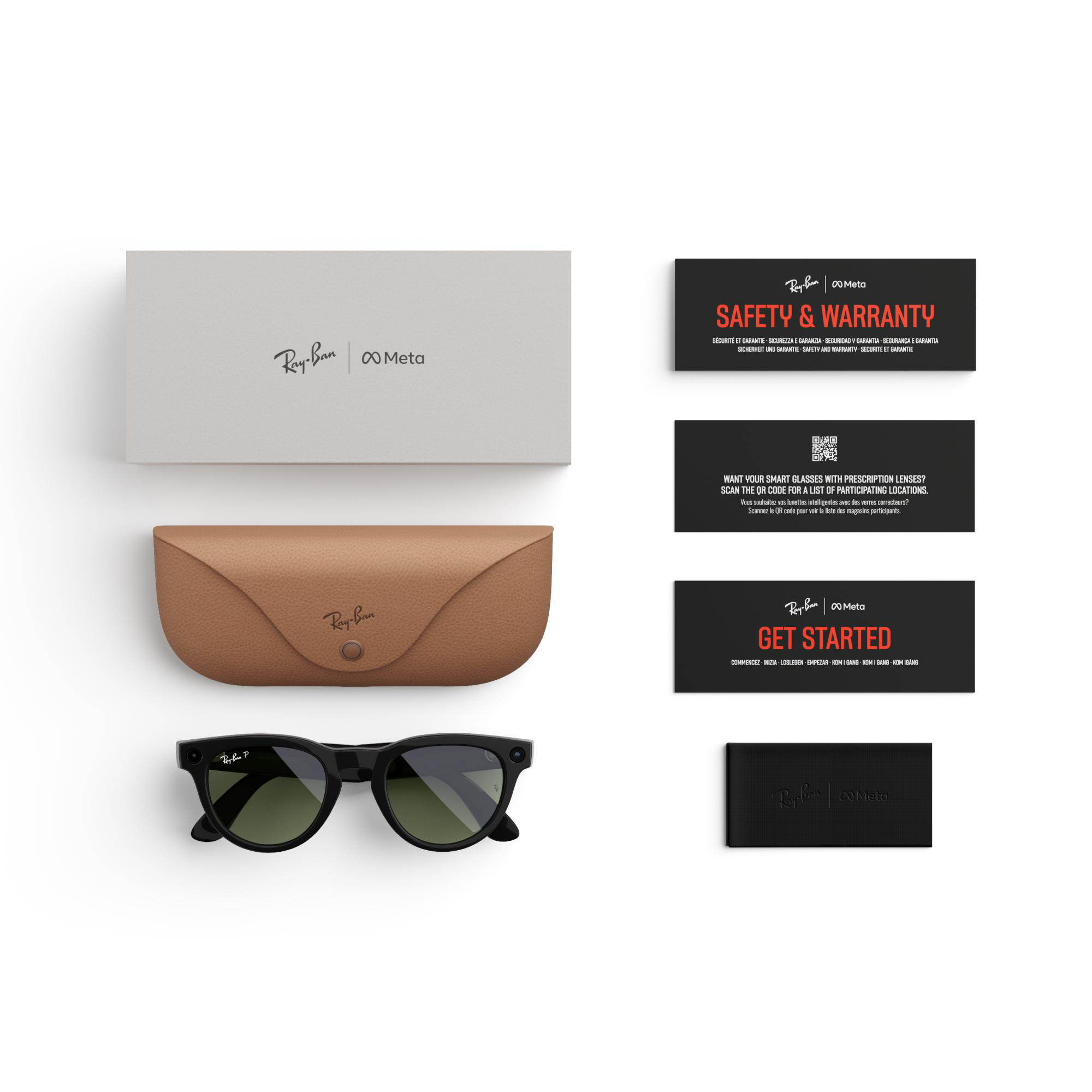 Ray-Ban Meta Sonnenbrille, Etui und Karten. Schwarze Sonnenbrille, braunes Etui, graue Box auf weißem Hintergrund.