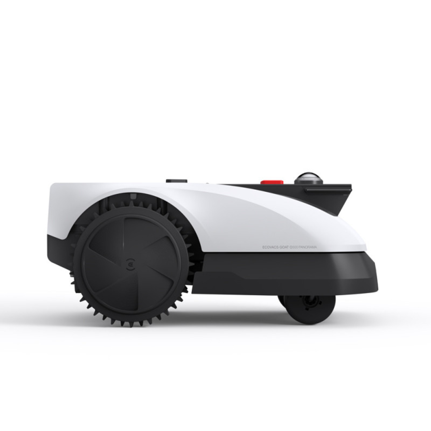 A white and black robotic lawnmower with a red button, on a white background.