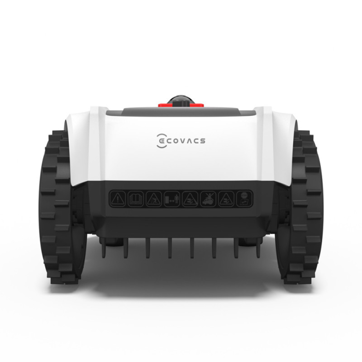 White and black robotic lawnmower with tank treads and a red sensor on top, isolated on white.