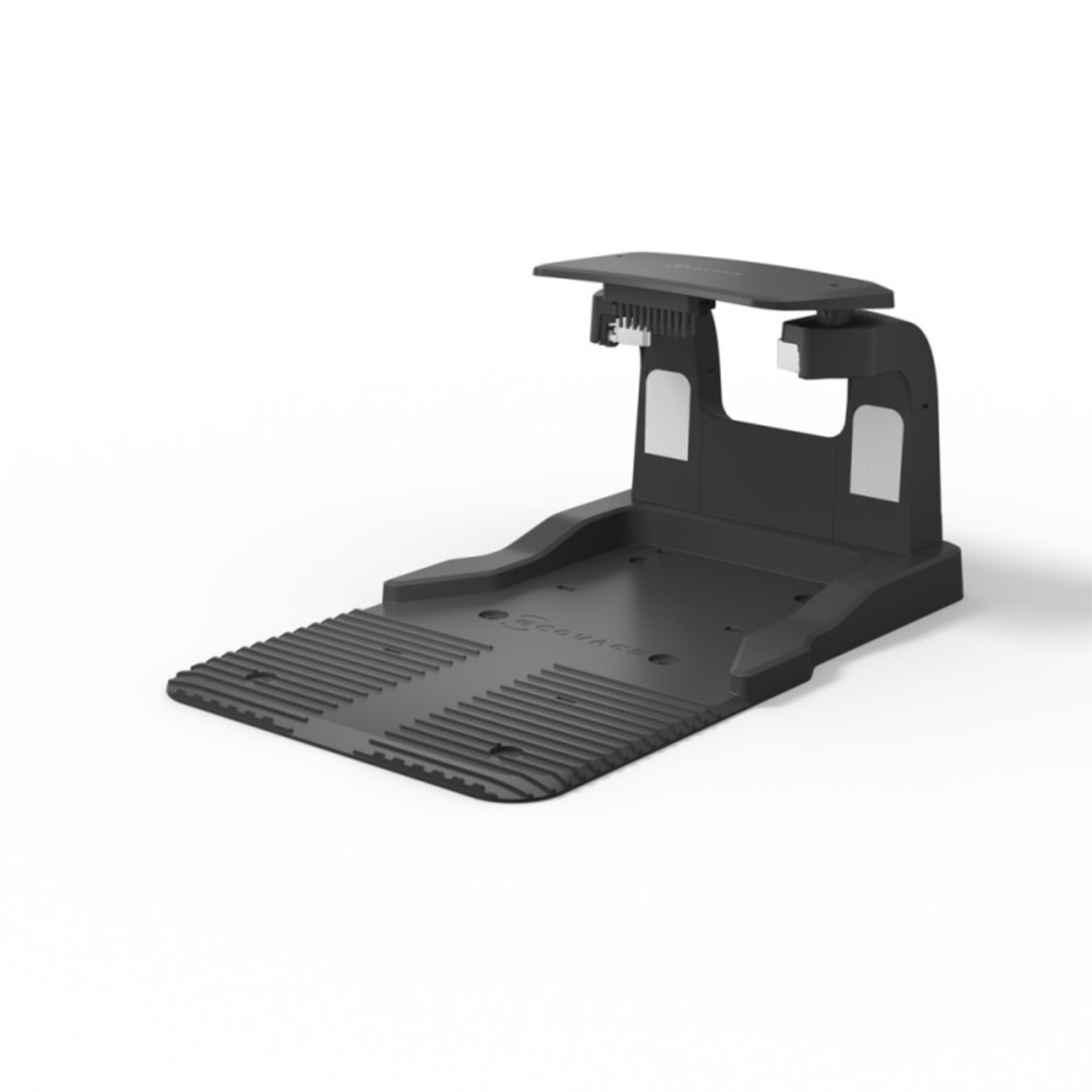 Black base of a robot vacuum cleaner. It is a docking station. White background.