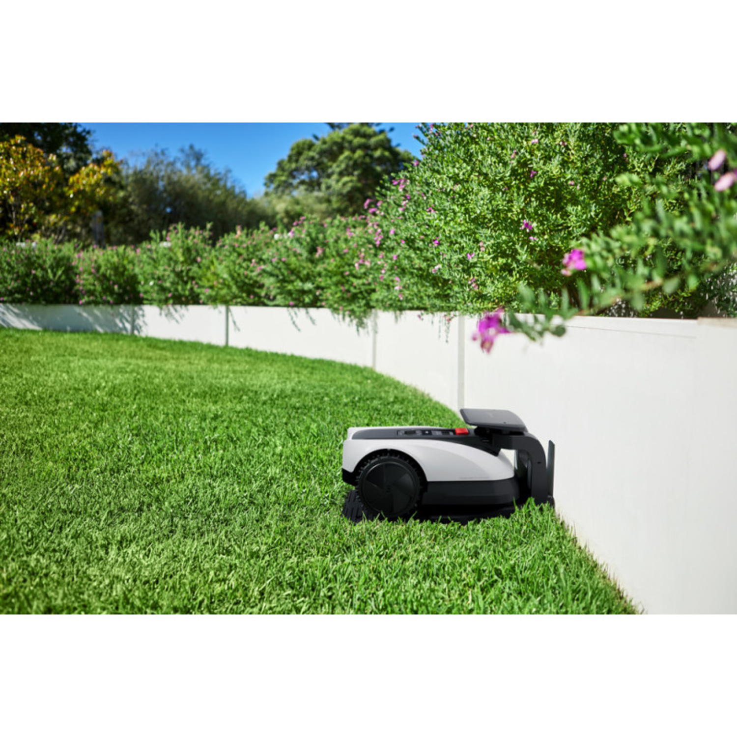 A robotic lawnmower mowing a green lawn against a white wall.