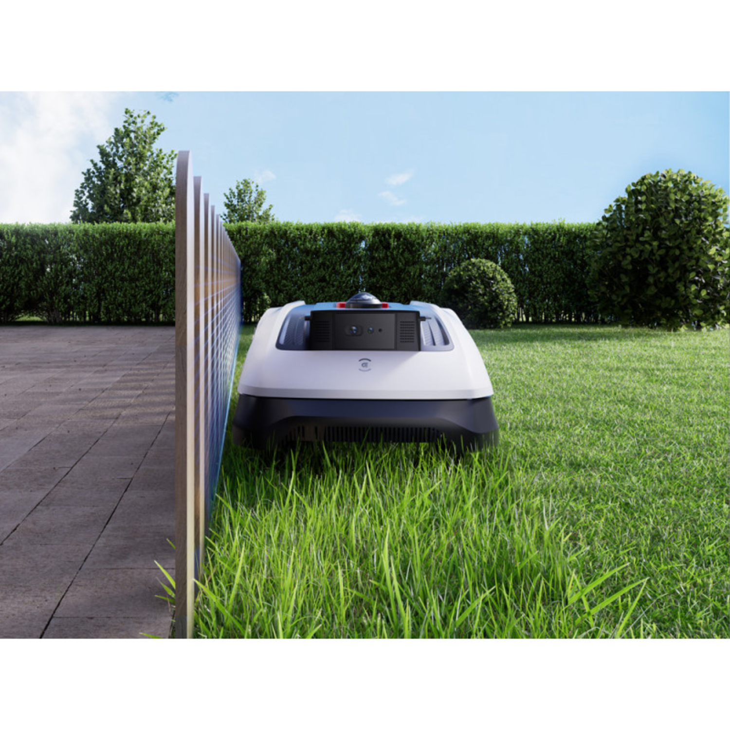 Robotic lawnmower in a grassy yard, next to a fence.