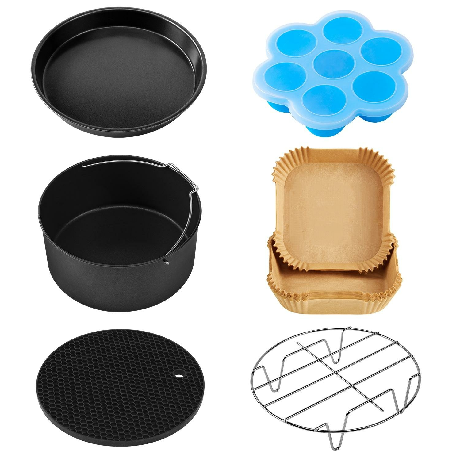 Air fryer accessories. Includes a baking pan, silicone mold, paper liners, and a metal rack for the fryer.