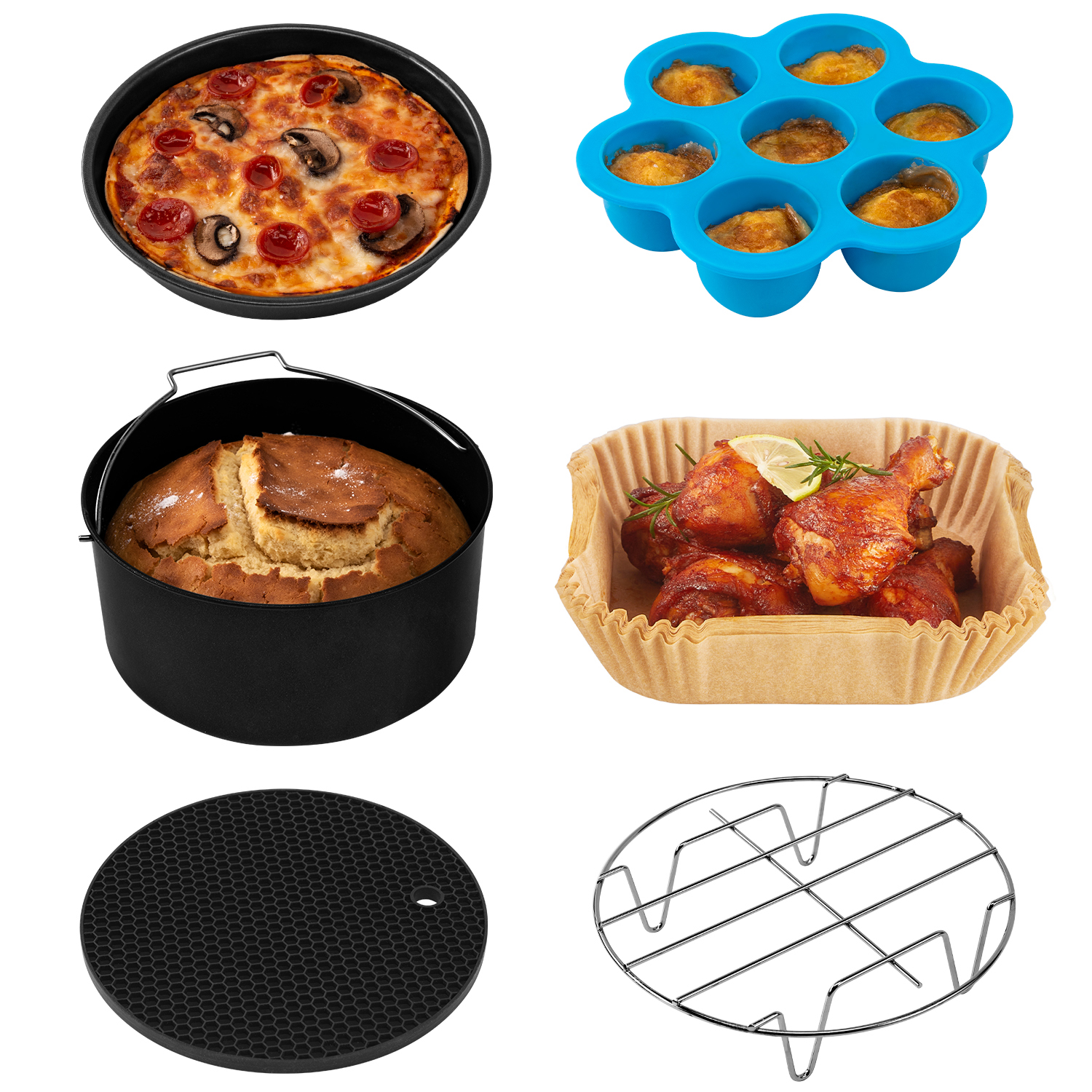 A collage of various cooking items: pizza, muffins, cake, chicken, a trivet, and a metal rack.