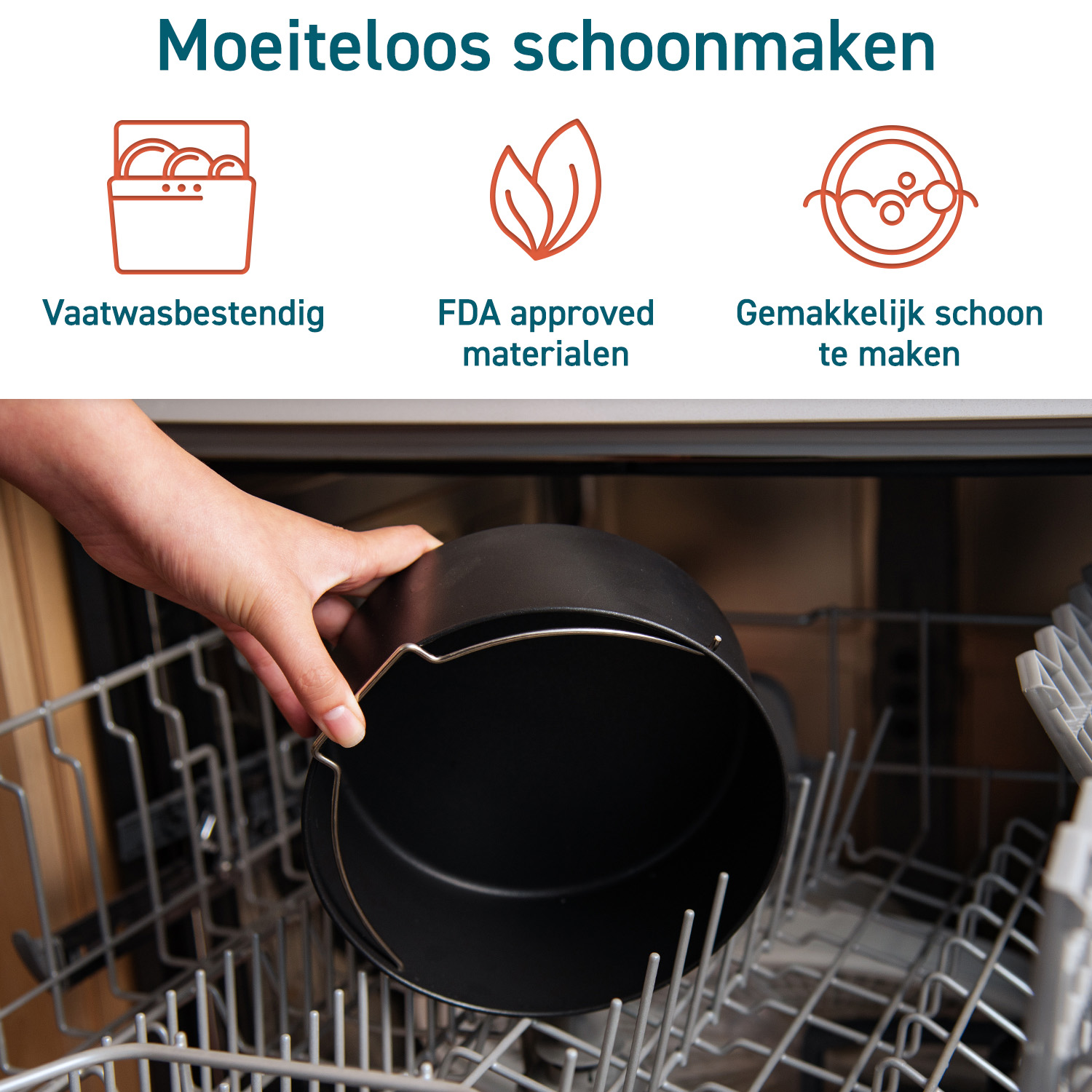 Hand placing a black air fryer basket into a dishwasher. Text: Dishwasher safe, FDA approved material, easy to clean.