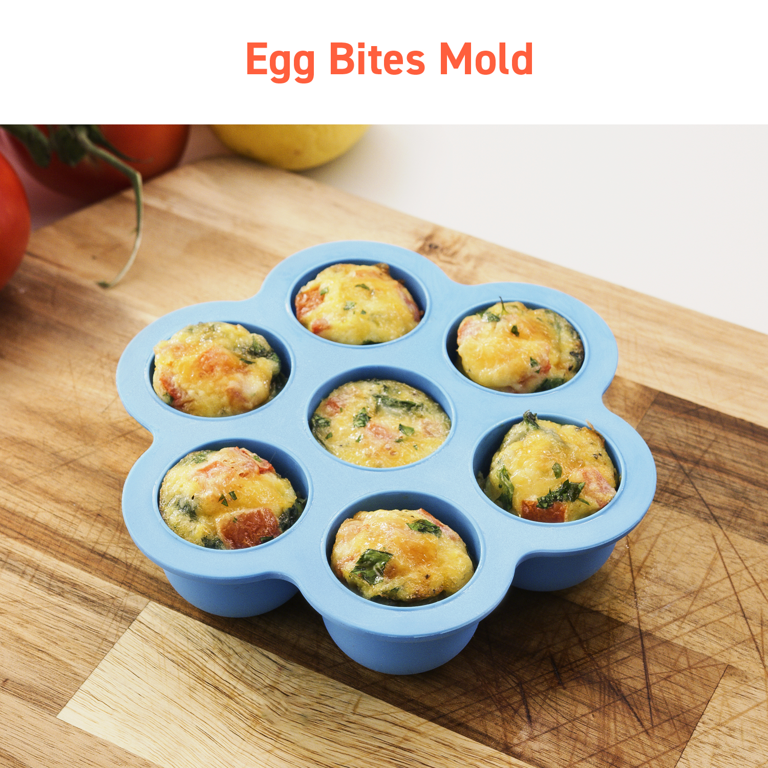 A blue egg bites mold filled with cooked egg bites.