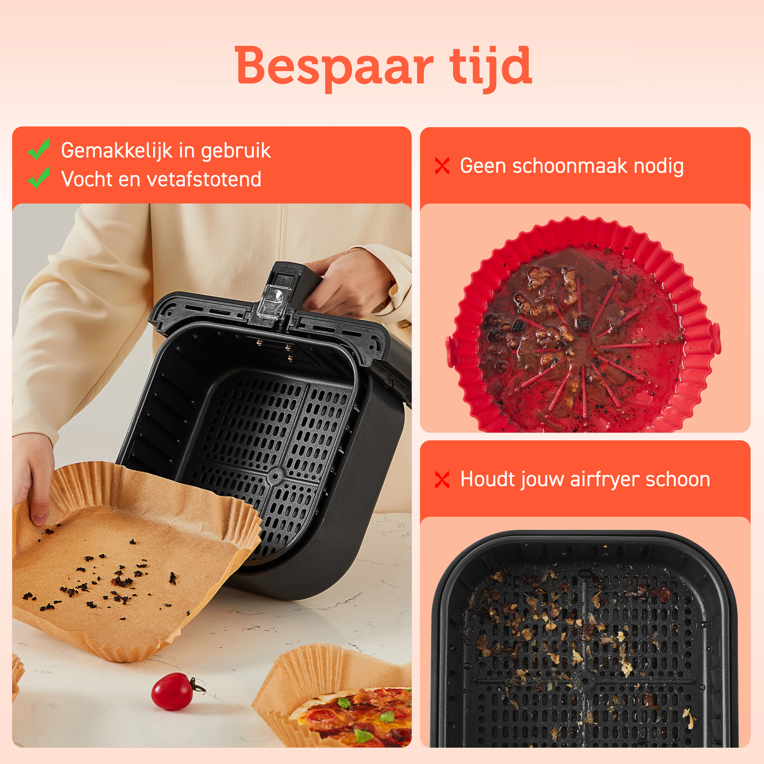 An air fryer with paper liners and food residue. Text states, 'Save Time' and features.