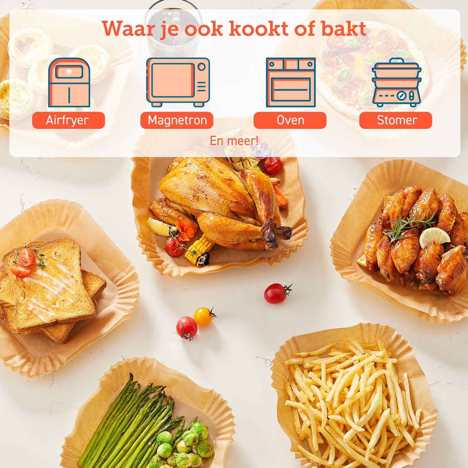 Various foods in parchment paper are shown with cooking appliances. Includes toast, fries, and chicken.