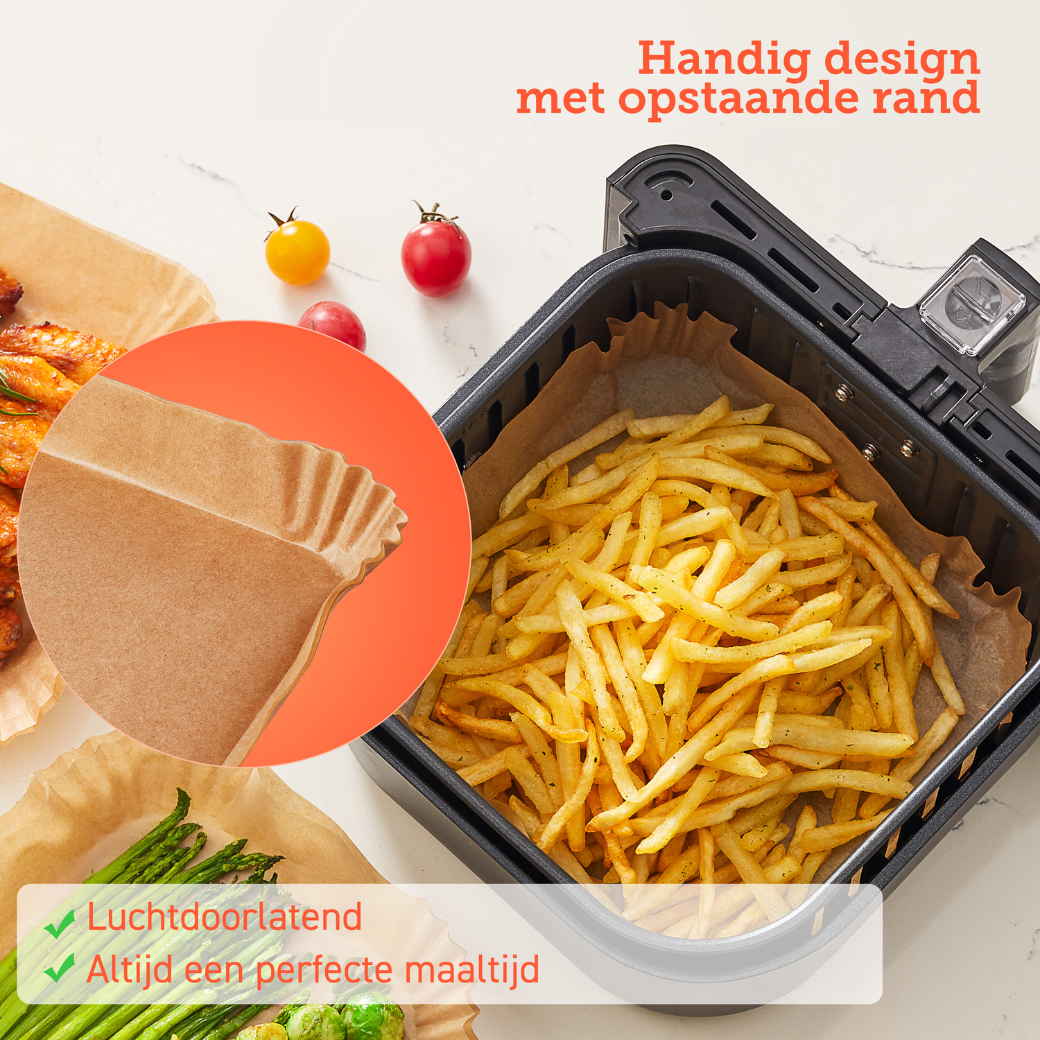Air fryer with fries, paper liners, and text, on a white marble surface.