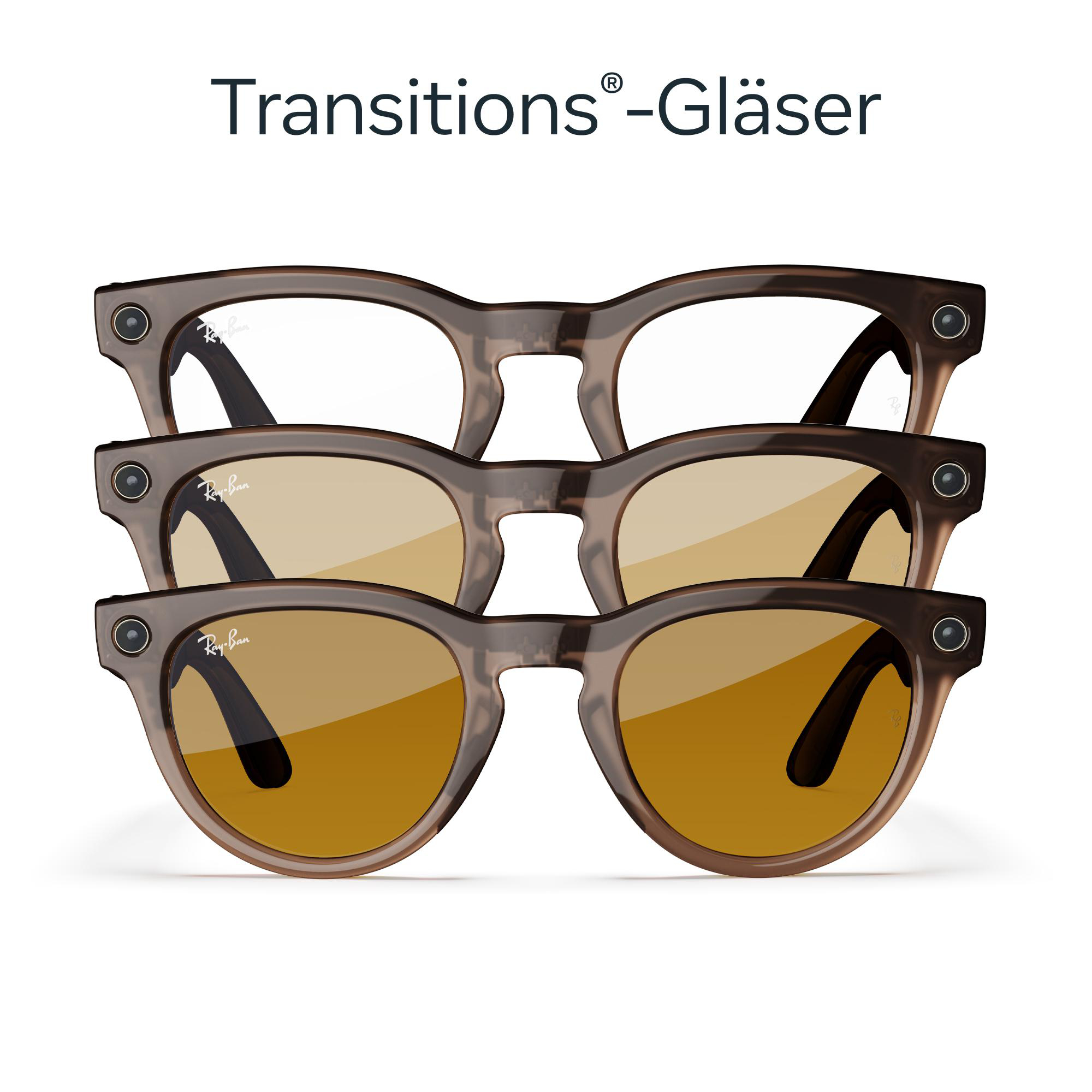 Drei Brillenpaare von Ray-Ban mit Transitions-Gläsern, die jeweils unterschiedliche Tönungen zeigen.