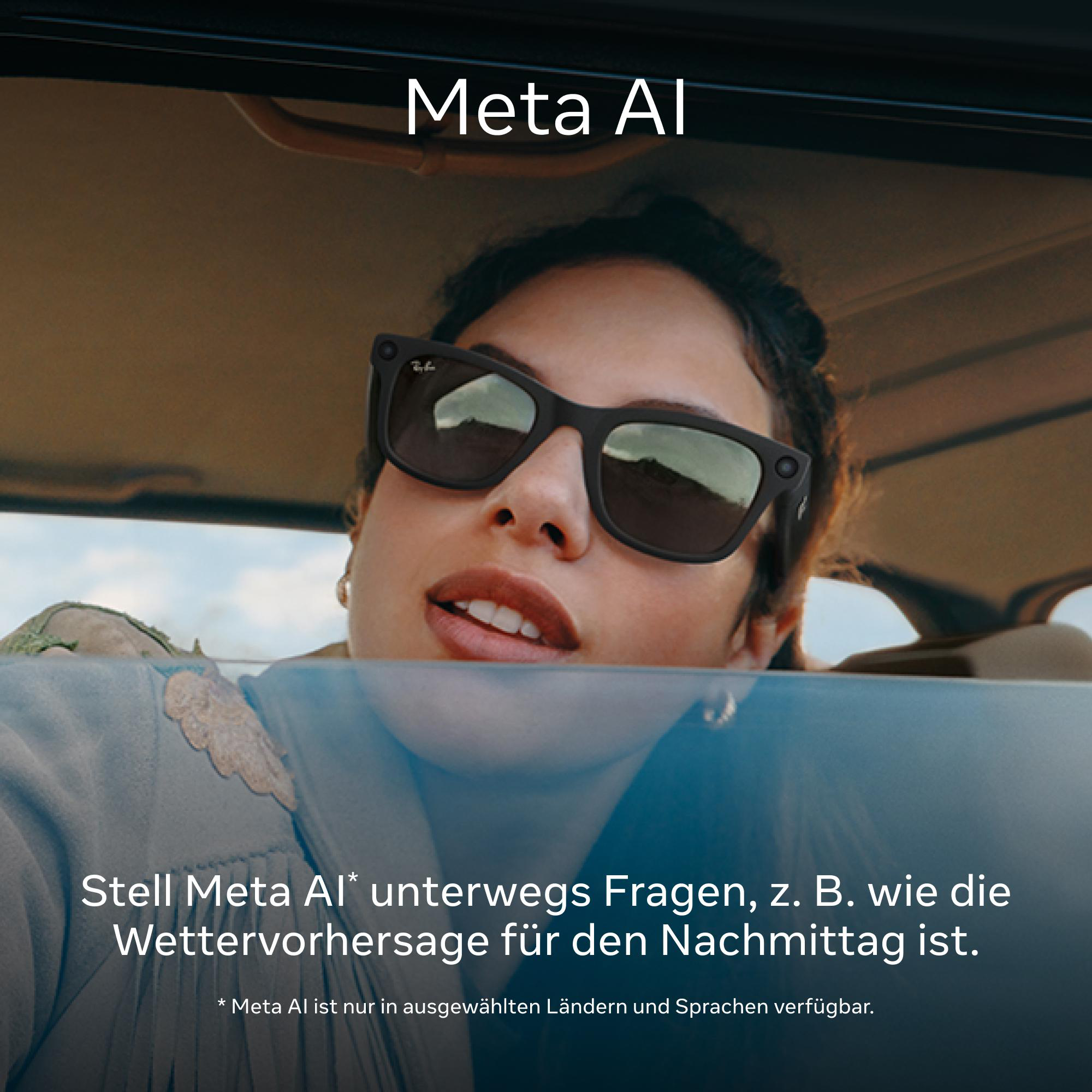 Frau mit Sonnenbrille im Auto, Text 'Meta AI' oben.