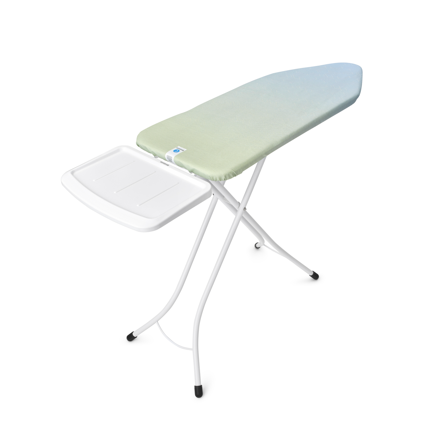 An ironing board with a green and blue gradient cover, white frame, and tray.