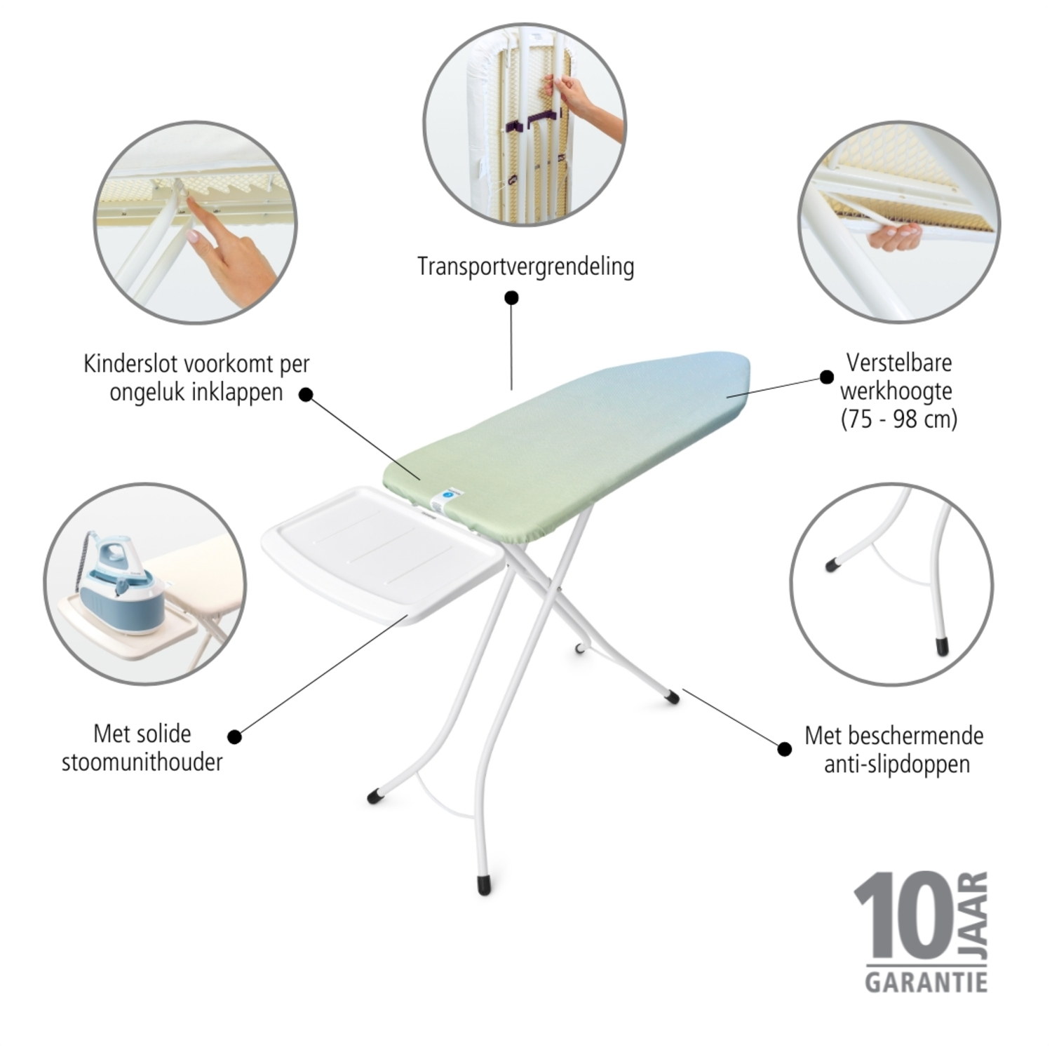 Ironing board with multiple features highlighted, including child lock and height adjust.