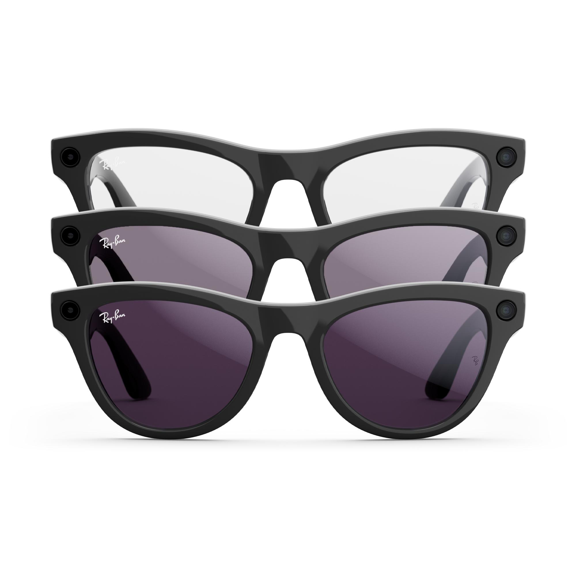Drei Ray-Ban Smartglasses, transparent, getönt und dunkle Gläser, angeordnet.
