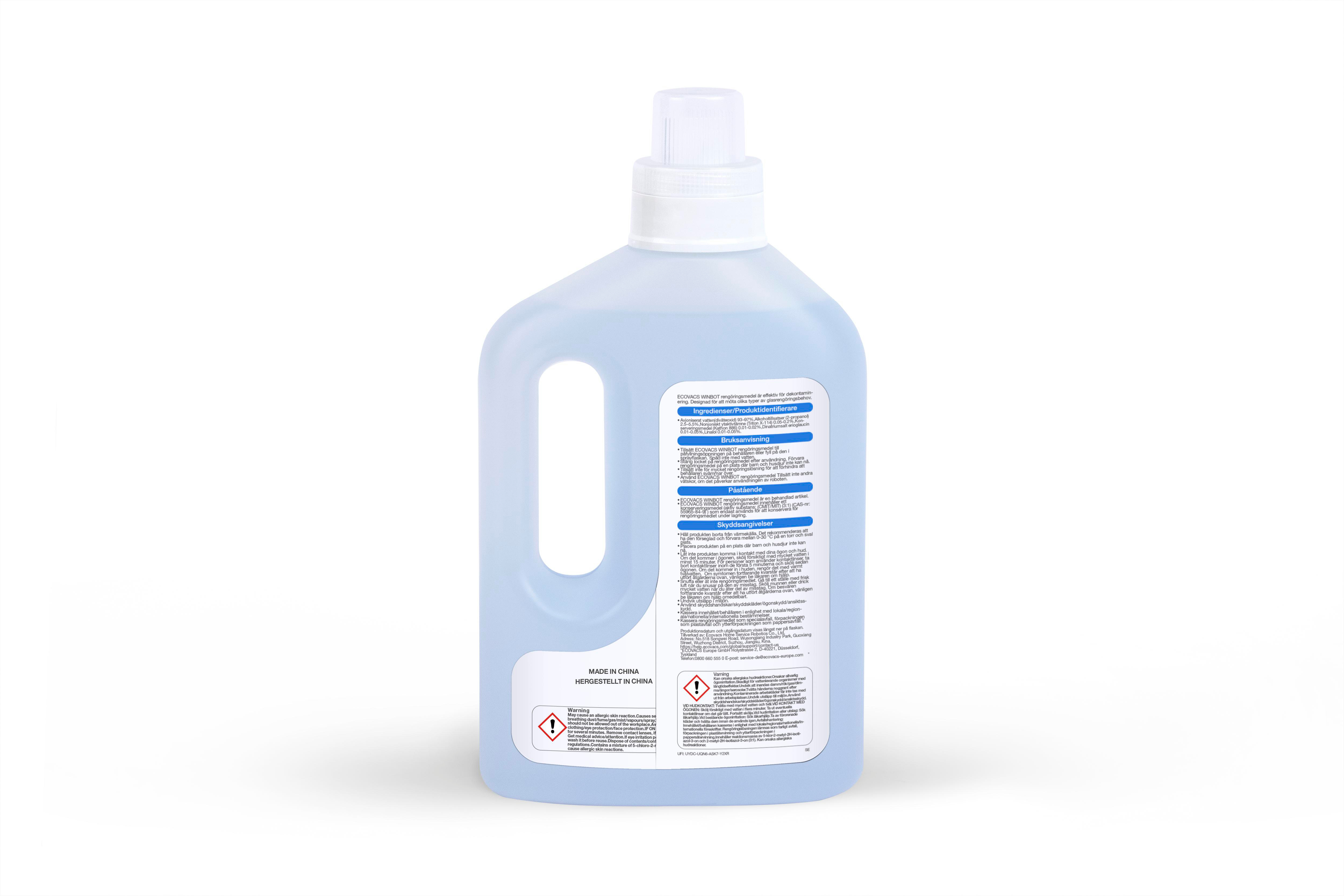 Flasche Reinigungsmittel mit Etikett, weißer Hintergrund. Text in mehreren Sprachen.