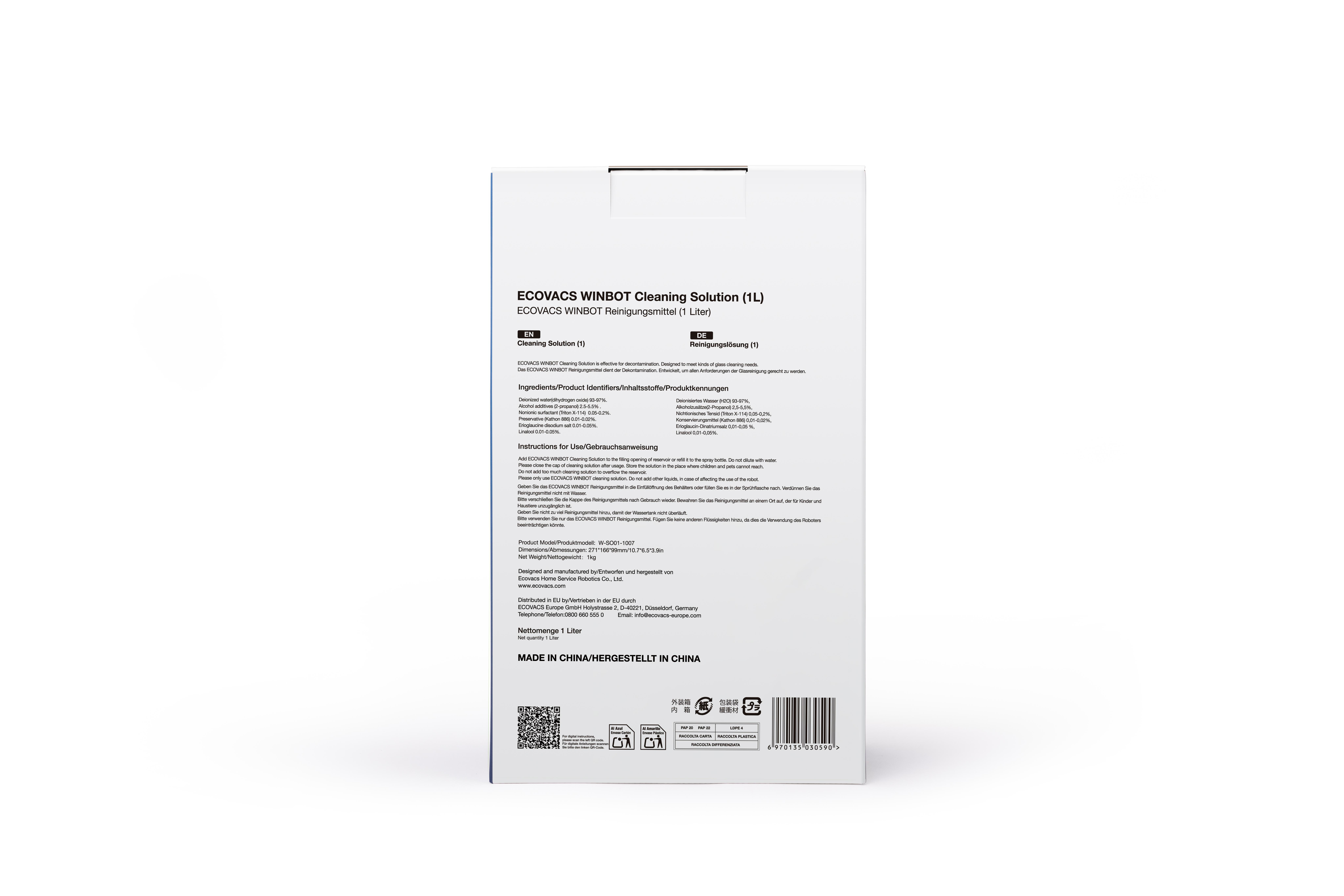 Weiße Box mit Text in Englisch und Deutsch. Produkt ist ECOVACS WINBOT Reinigungslösung.