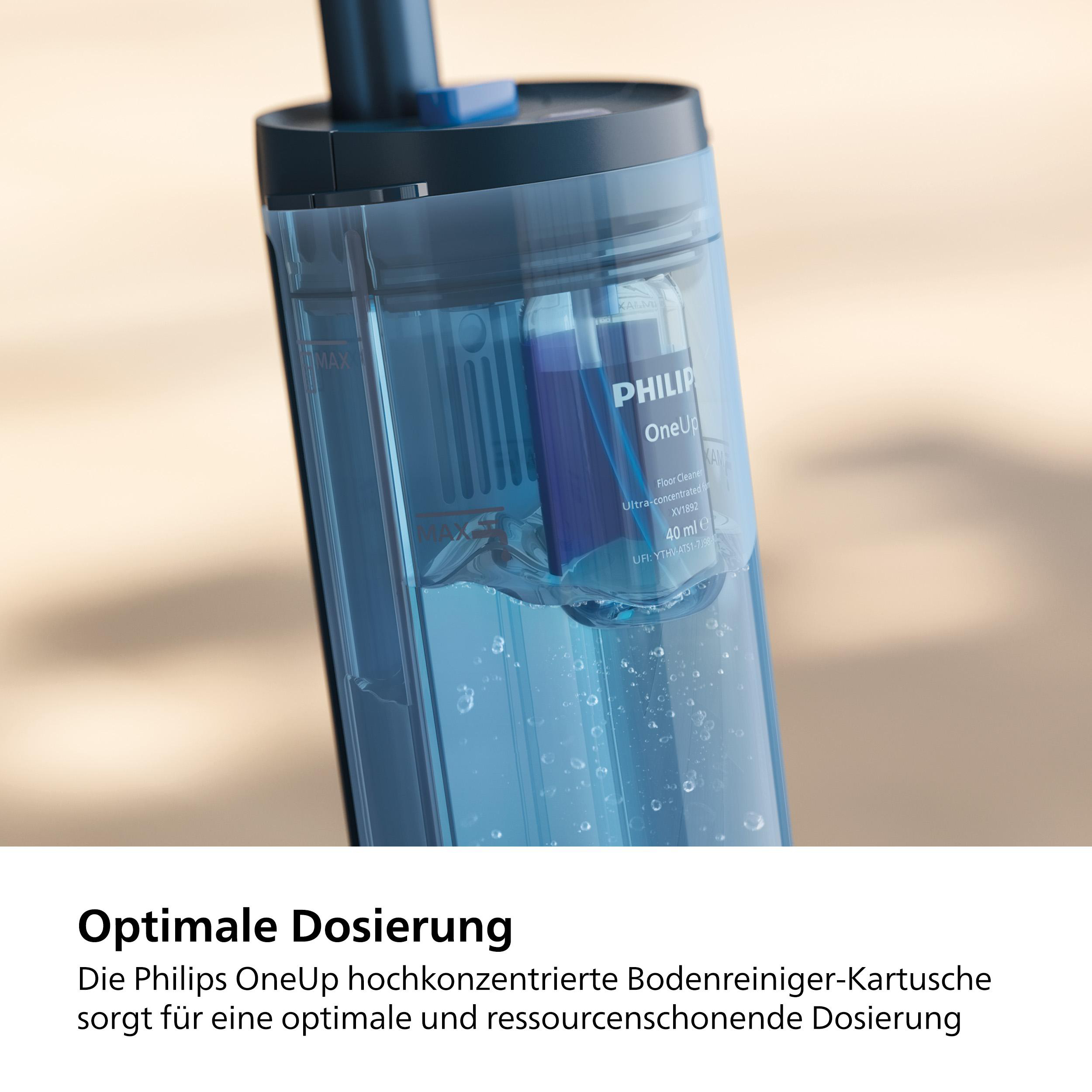 Ein klarer Behälter mit einer blauen Reinigungskartusche. Der Text lautet 'Philips OneUp'.