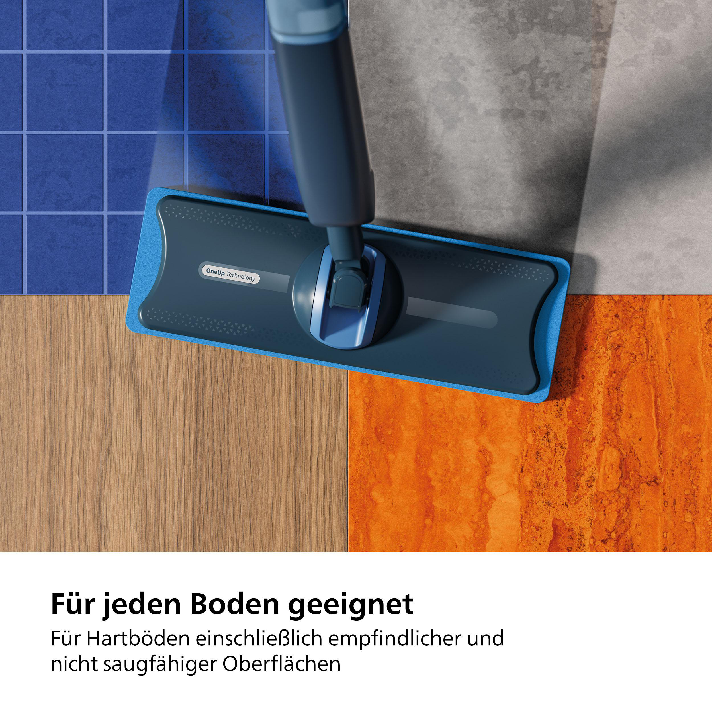 Ein blauer und grauer Mopp reinigt verschiedenfarbige Böden.