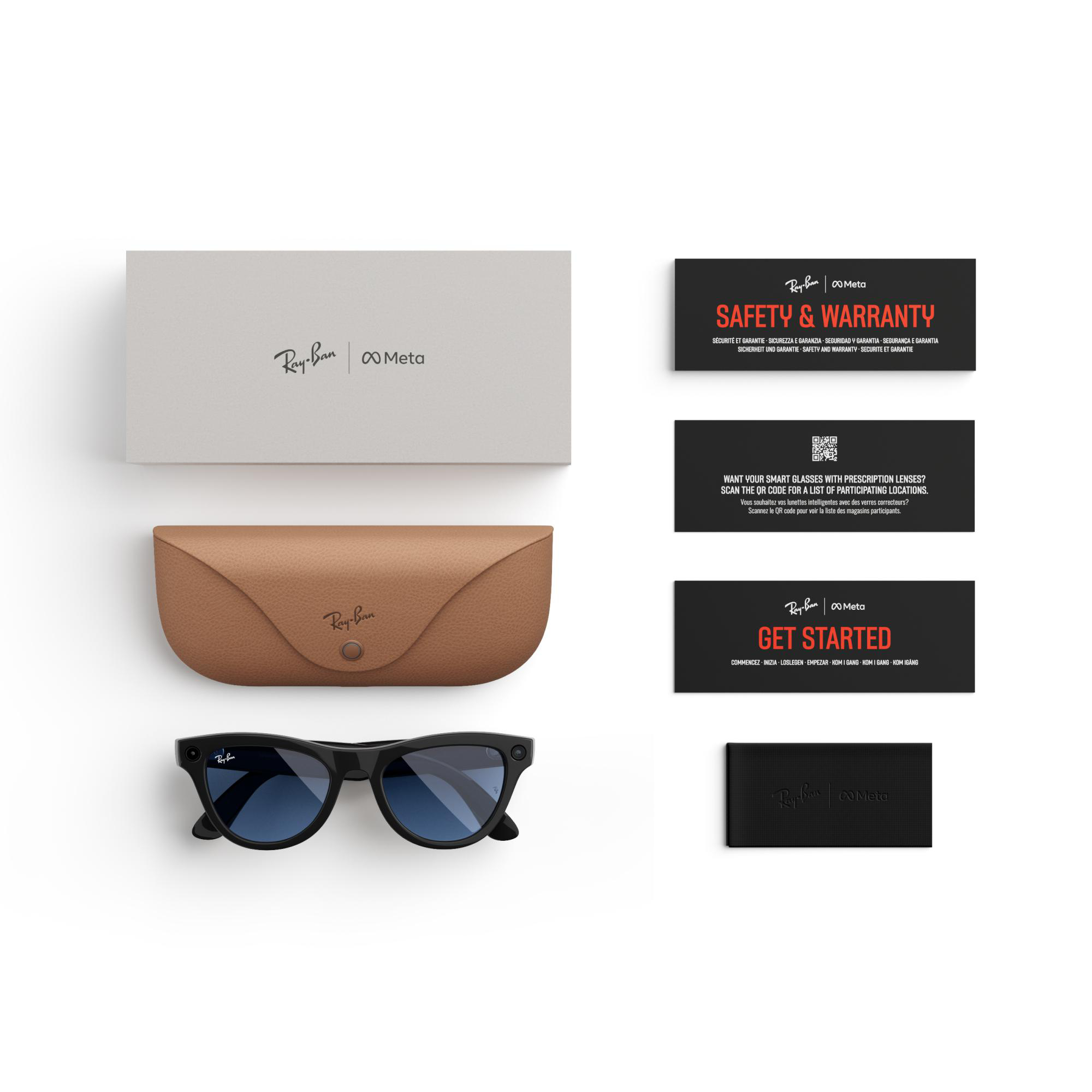 Ray-Ban Sonnenbrille, Etui und Karten auf weißer Oberfläche. Die Verpackung ist sichtbar.