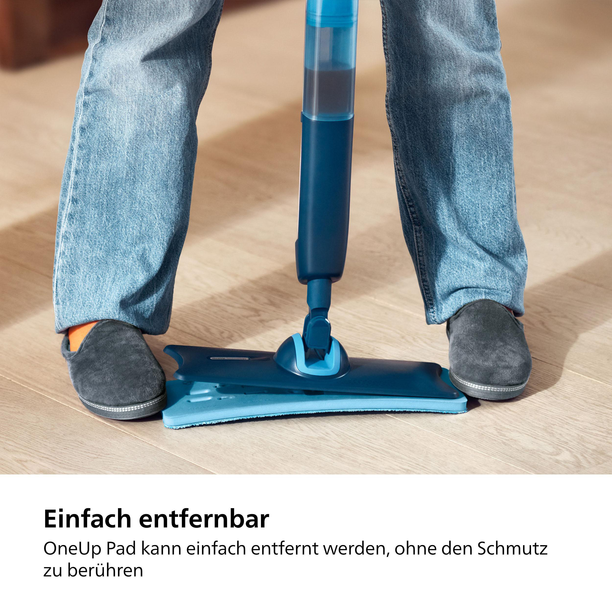 Die Beine und Füße einer Person, die einen blauen Wischmopp benutzt. Der Text unten lautet: 'Einfach entfernbar'.